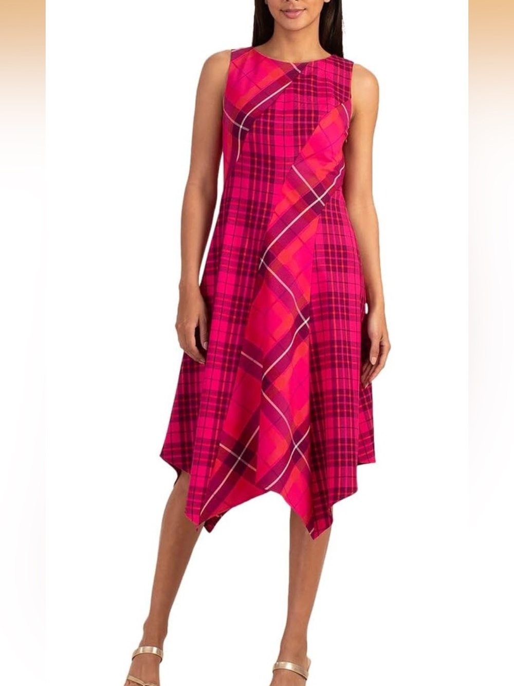 Trina Turk Sleeveless Handkerchief Hem Plaid Midi Dress - Hot Pink